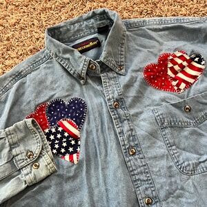 Peregrine Bay Denim Shirt Patriotic Heart Patches Button Up Long Sleeve Womens L